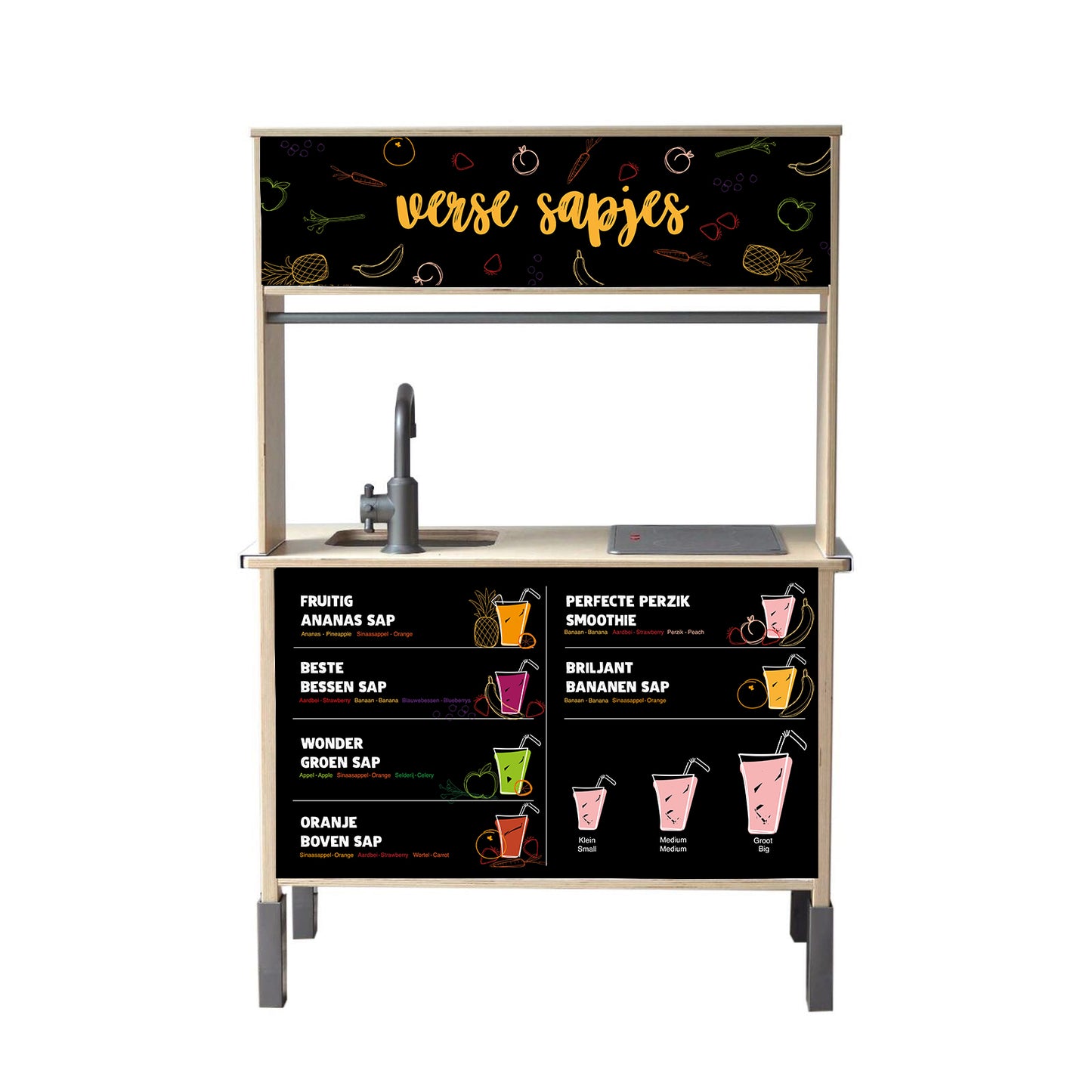 Maak van je IKEA Duktig een vrolijke sapjesbar met deze kleurrijke kinderkeuken stickers. Perfect voor fantasierijk spel en zomerse smoothies!