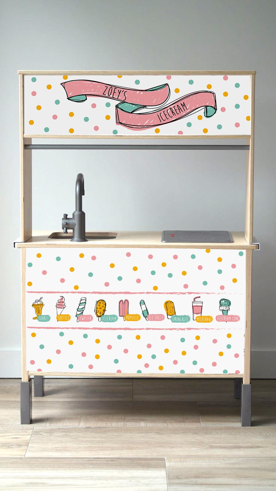 Stimuleer creativiteit en zelfstandig spelen met deze kleurrijke ijssalon stickers – een must-have voor elk mini-ijsrestaurant.