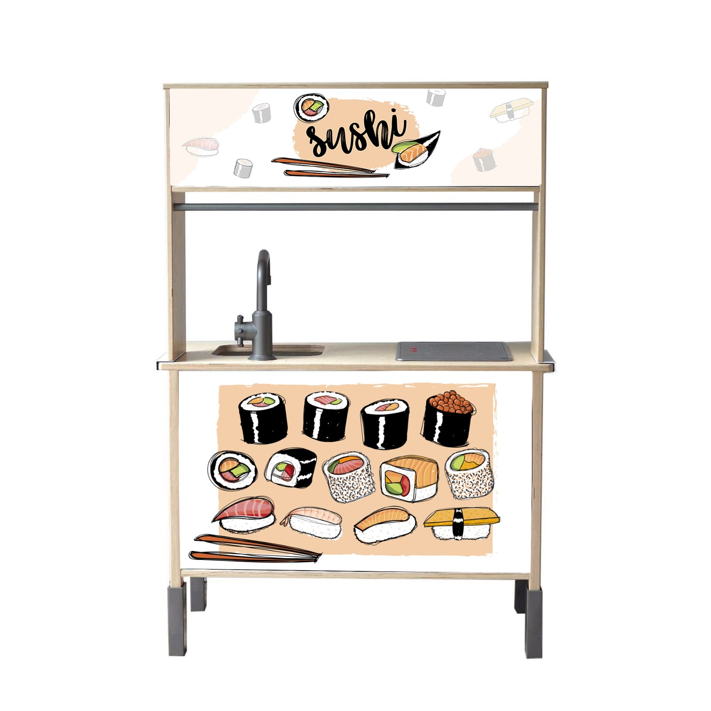 Met deze kinderkeuken stickers verandert je Duktig in een vrolijke sushibar. Perfect voor creatief rollenspel en zelfontdekkend spel.