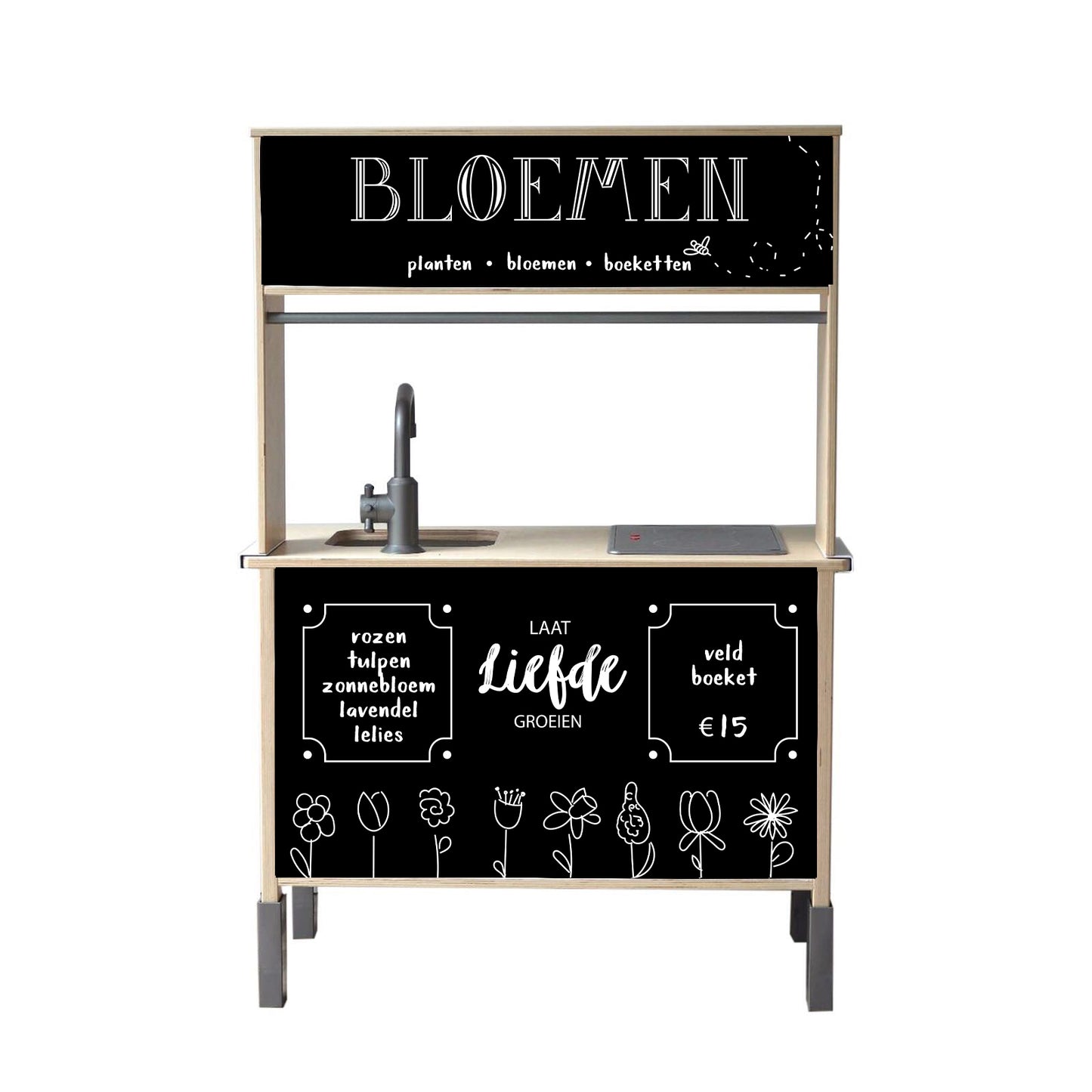 Tover je IKEA Duktig kinderkeuken om tot een kleurrijke Nederlandse bloemenkraam met deze prachtige sticker set. Perfect voor fantasierijk rollenspel!