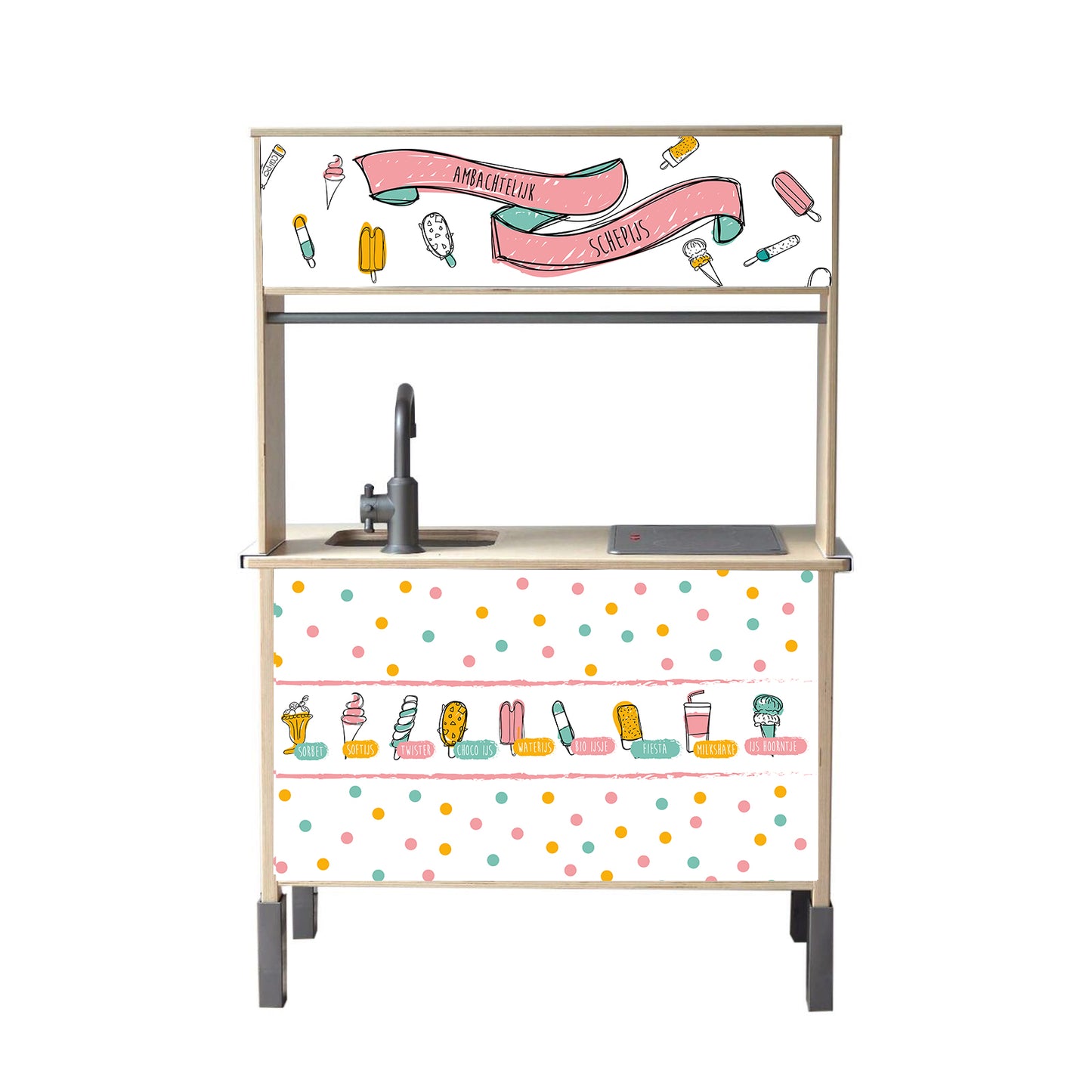 Geef je IKEA Duktig kinderkeuken een kleurrijke make-over met de Veelkleurige IJssalon stickers. Perfect voor fantasierijk rollenspel en creatieve DIY speelhoeken!