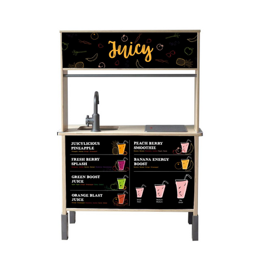 Van sinaasappel tot aardbei: met deze Juicy Bar sticker set maak je van je kinderkeuken een kleurrijke sapjesbar vol speelplezier.

