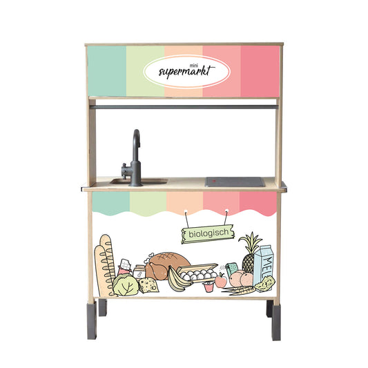 Tover je IKEA Duktig om tot een gezellige mini supermarkt met deze kleurrijke sticker set, ideaal voor fantasierijk rollenspel.