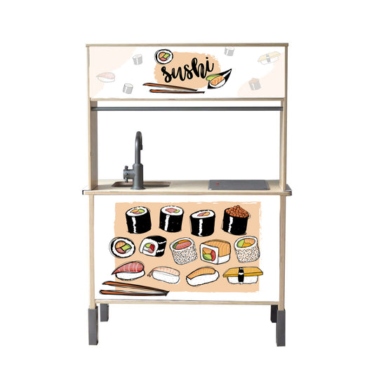 Met deze kinderkeuken stickers verandert je Duktig in een vrolijke sushibar. Perfect voor creatief rollenspel en zelfontdekkend spel.