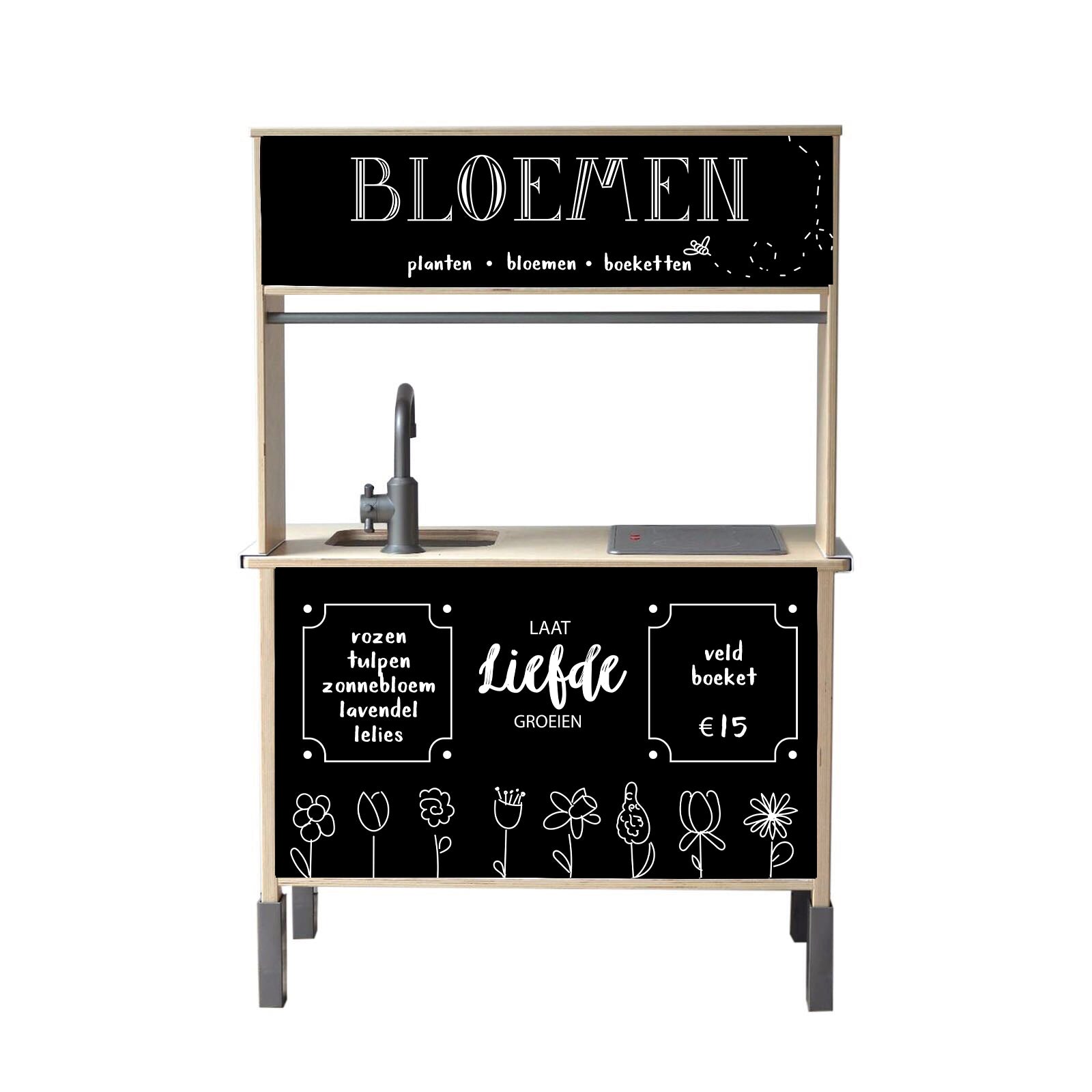 Tover je IKEA Duktig kinderkeuken om tot een kleurrijke Nederlandse bloemenkraam met deze prachtige sticker set. Perfect voor fantasierijk rollenspel!