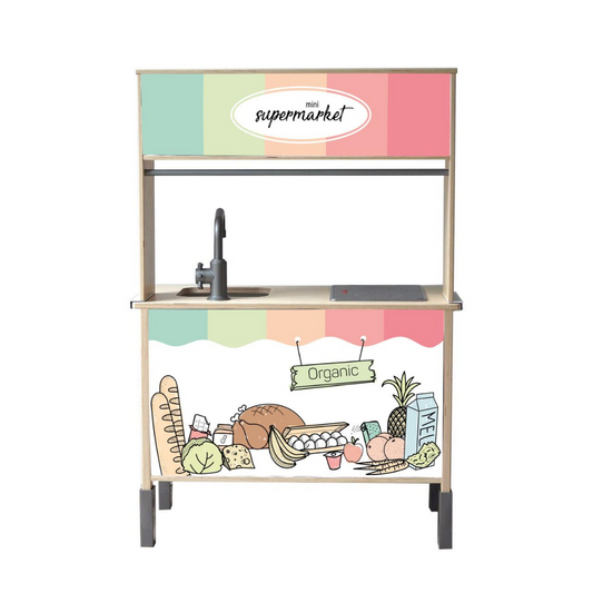 Met deze vrolijke sticker set bouwt je kind een complete supermarkt in z’n IKEA Duktig. Boodschappen doen was nog nooit zo leuk